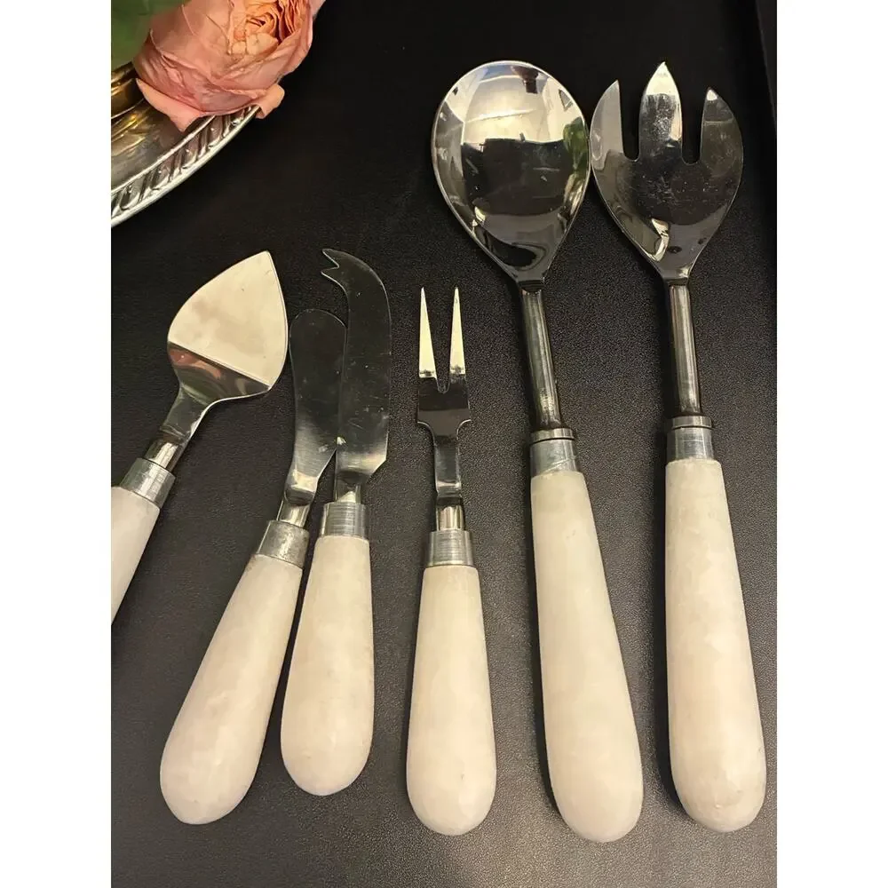 Vintage Alabaster Cheese Knife & Salad Serving Set | Quiet Luxury Grandmillenial
